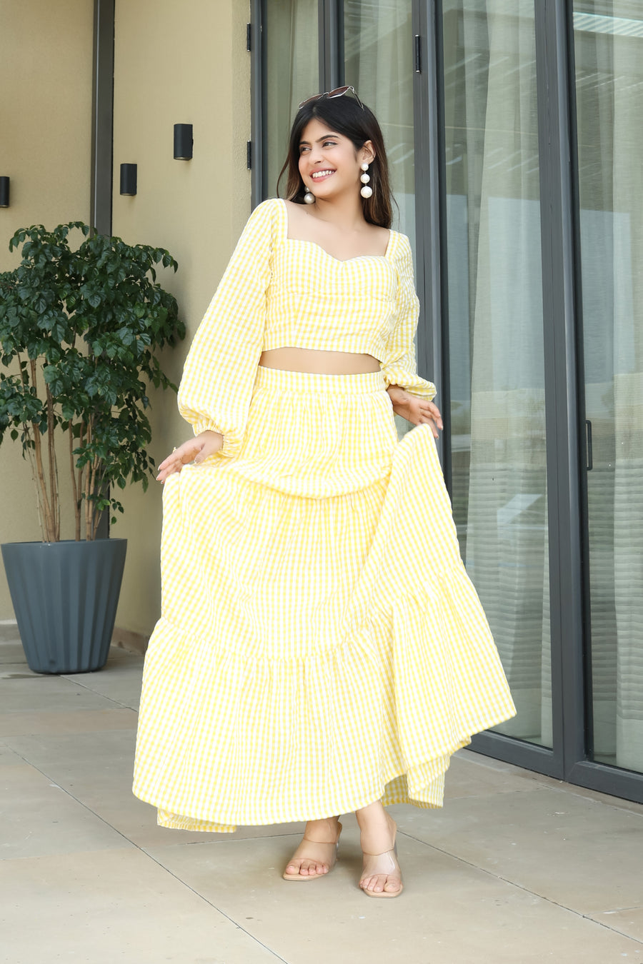 Yellow Checked Two Piece Dress