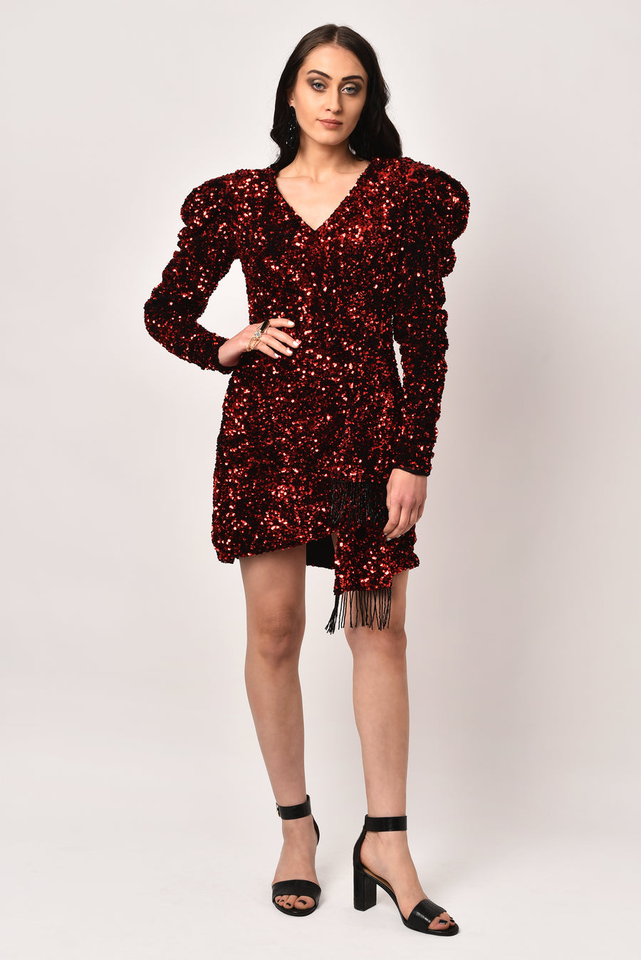 RED DRAPED SEQUIN DRESS